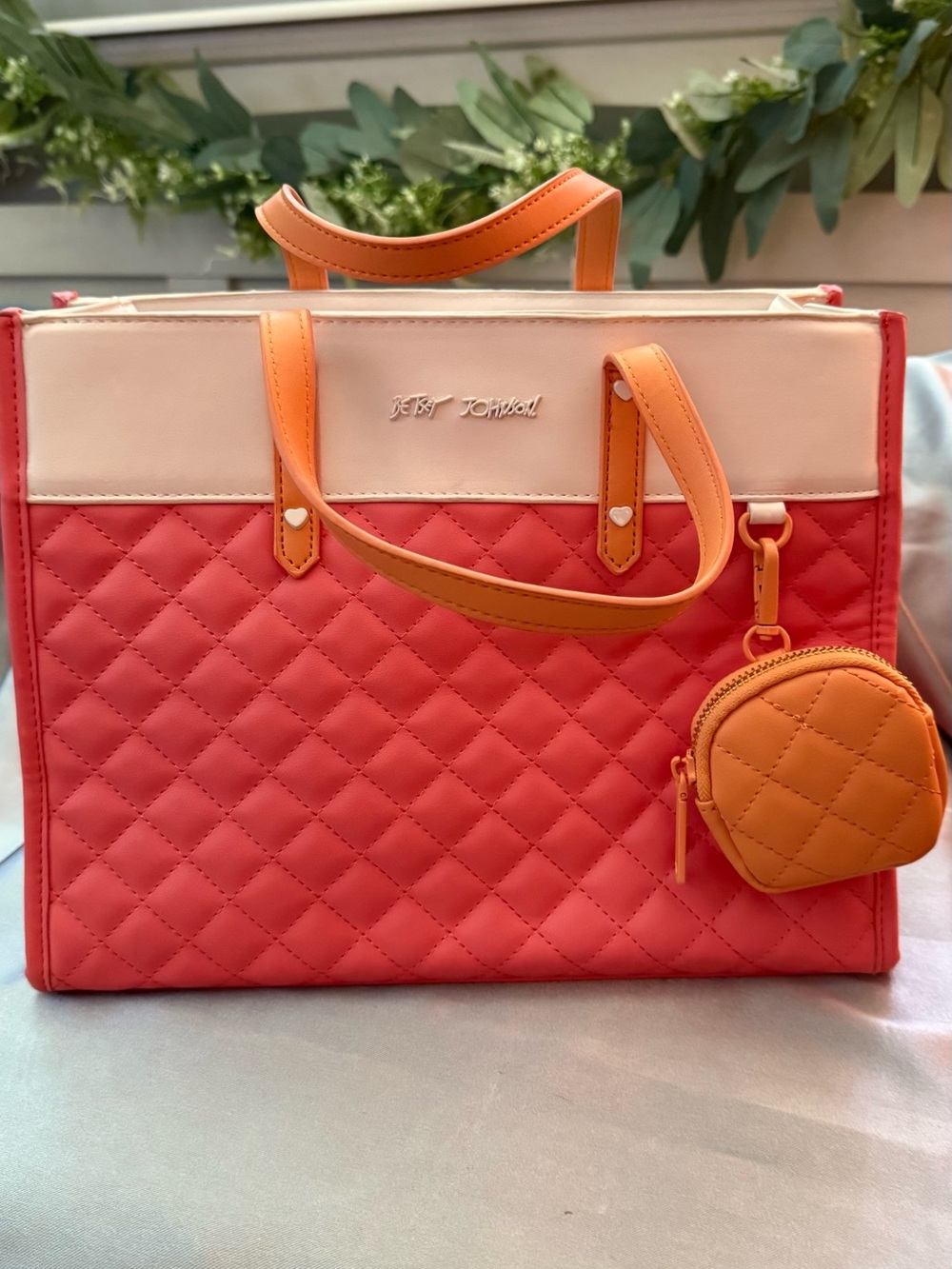 Betsey Johnson Quilted Tote/Crossbody Bag in coral/white with orange accents